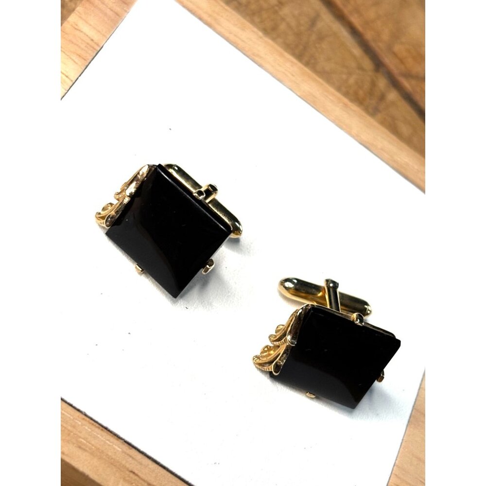 Vintage SWANK Gold Tone Cufflinks With Black Square Stone Accents Elegant Design